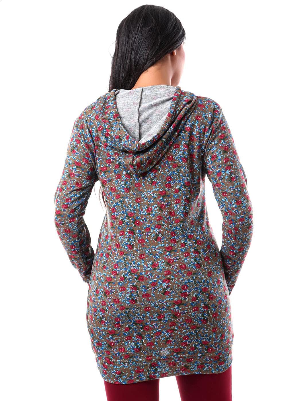 Jamila Women's Cotton Floral Pattern Kangaroo Pocket Longline Hoodie