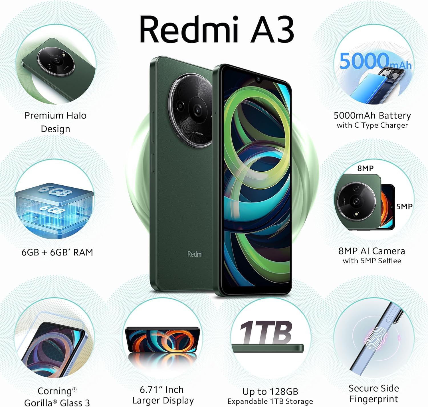 Redmi A3 Smartphone - A Powerful, Stylish Mobile with 6.71-Inch HD+ 90Hz Display, 5000mAh Battery, Dual SIM, Dual Cameras, and 4G Connectivity