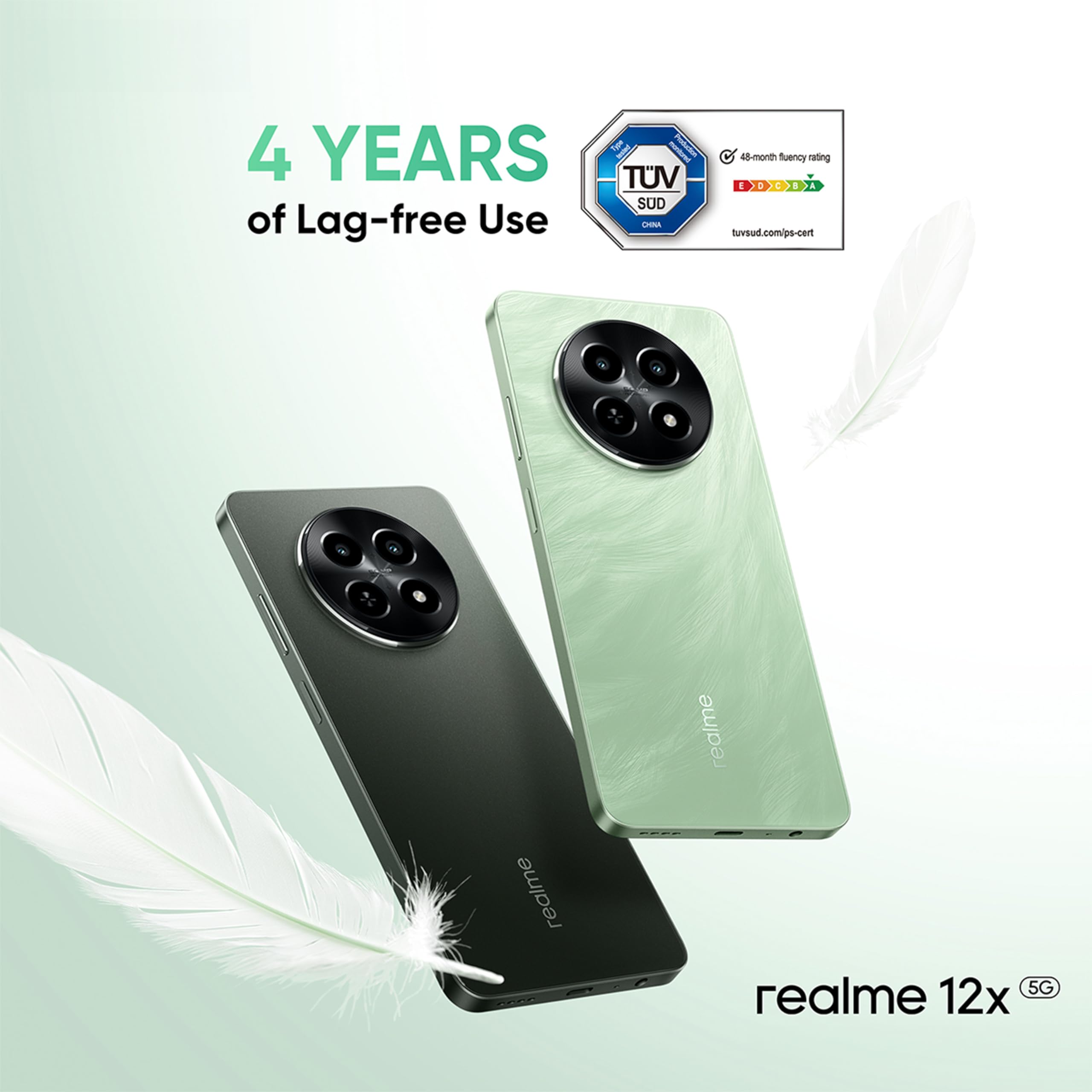 هاتف Realme 12X 5G - سعة تخزين 256 جيجابايت، ذاكرة عشوائية 8 جيجابايت، اللون الأسود المتألق، يدعم NFC