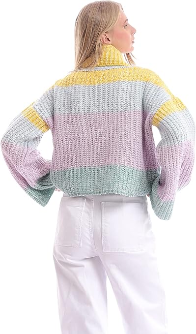 Ravin Women's Colorful Chunky Knit Turtle Neck Cropped Pullover - Multicolour (Style 96300)