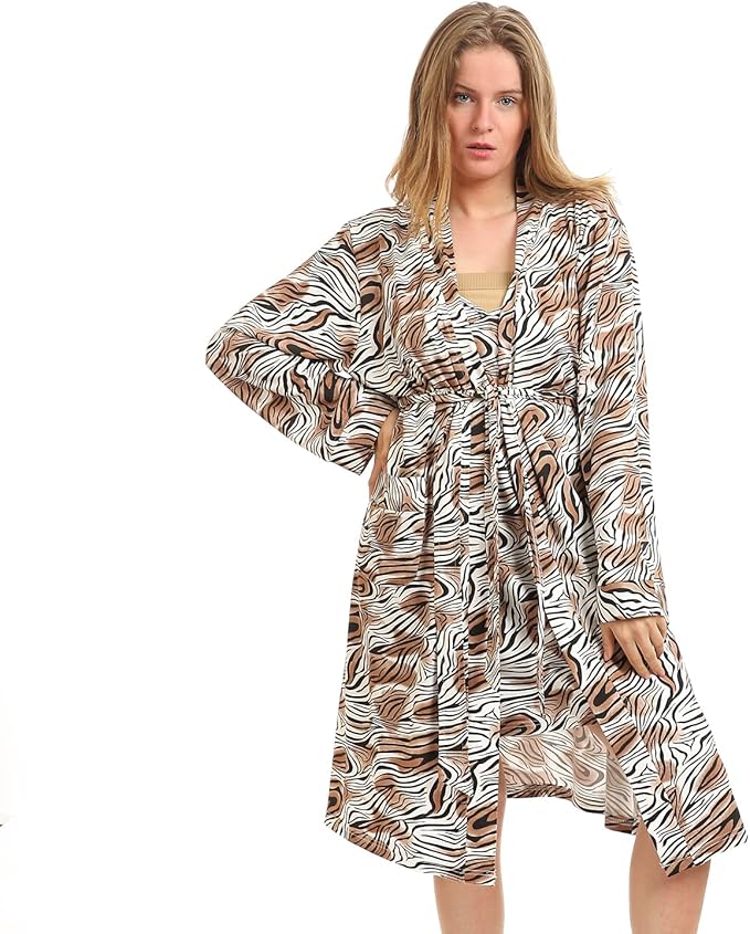 Kady Women Spaghetti Strap Zebra Print Short Nightgown with Robe