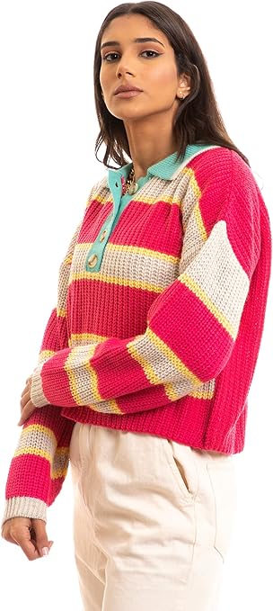 Ravin Women's Buttoned Turn-Down Neck Pullover Sweater - Style 96333