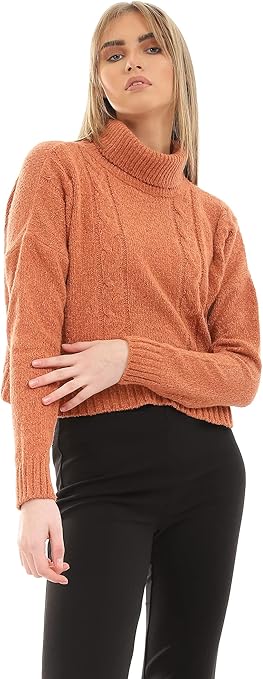 Ravin Women's Orange Knitted Cropped Turtle Neck Pullover Sweater