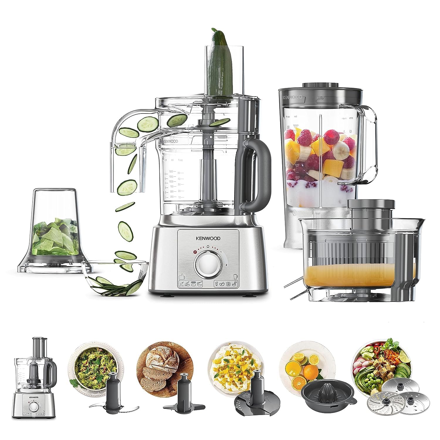 Kenwood Multipro Express Food Processor, 3.0 Litre Bowl With Express Serve, 1.2 Litre Blender, Dough Hook, Whisk, 3 Slicing and Grating Discs, Multi Mill, 1000 Watts , FDP65.880SI , Silver.