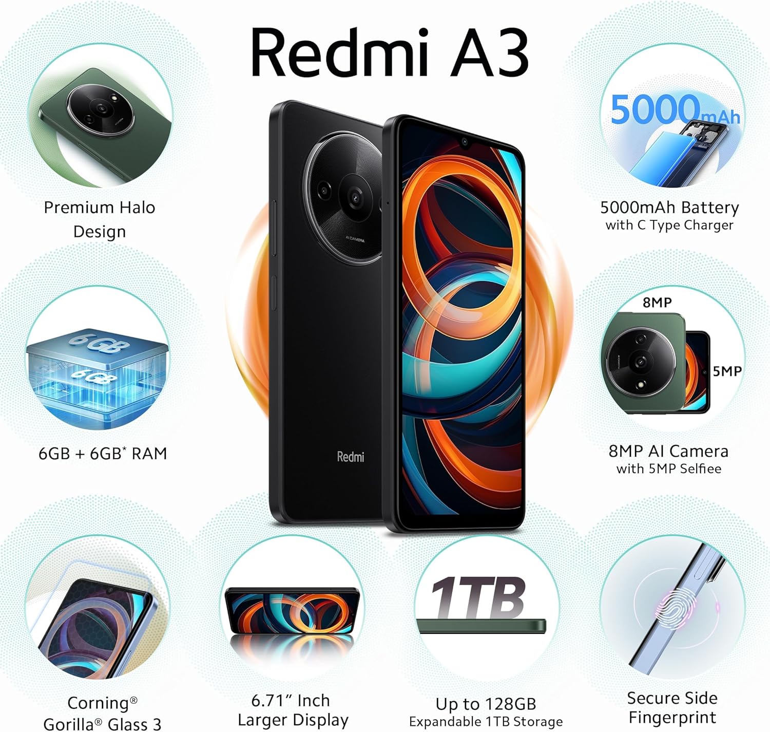 Redmi A3 Smartphone - A Powerful, Stylish Mobile with 6.71-Inch HD+ 90Hz Display, 5000mAh Battery, Dual SIM, Dual Cameras, and 4G Connectivity