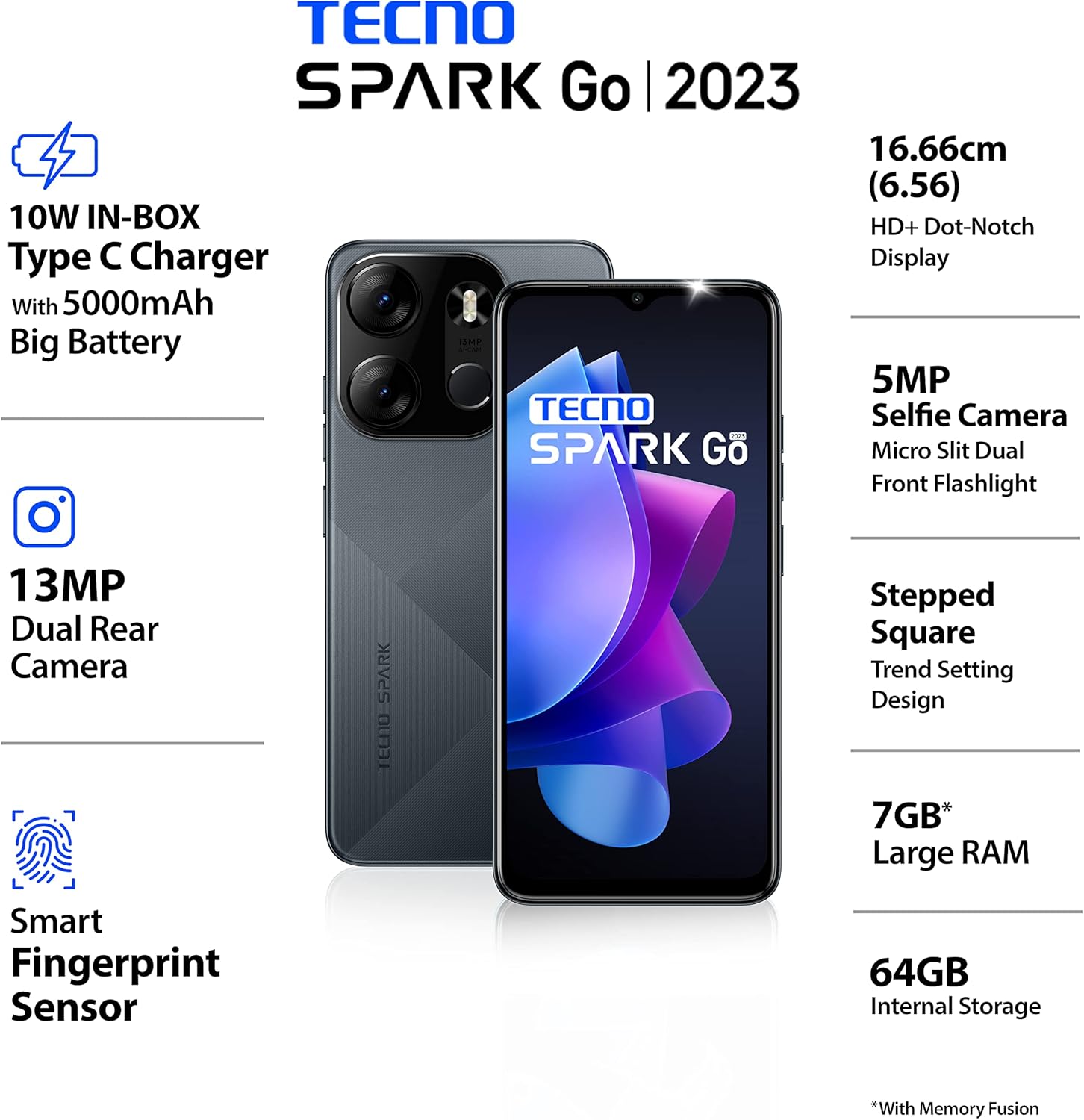 Tecno Spark Go 2023 (Endless Black, 4GB RAM, 64GB Storage) | 5000mAh Battery | 6.56" HD+ Display | 13MP Dual Rear Camera | Type-C Port