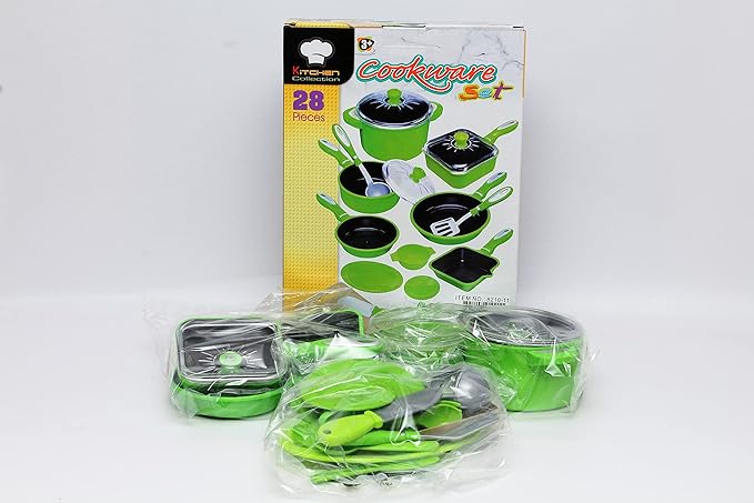 Cookware Set for Kids with Green Pots and Pans - 28 Pieces