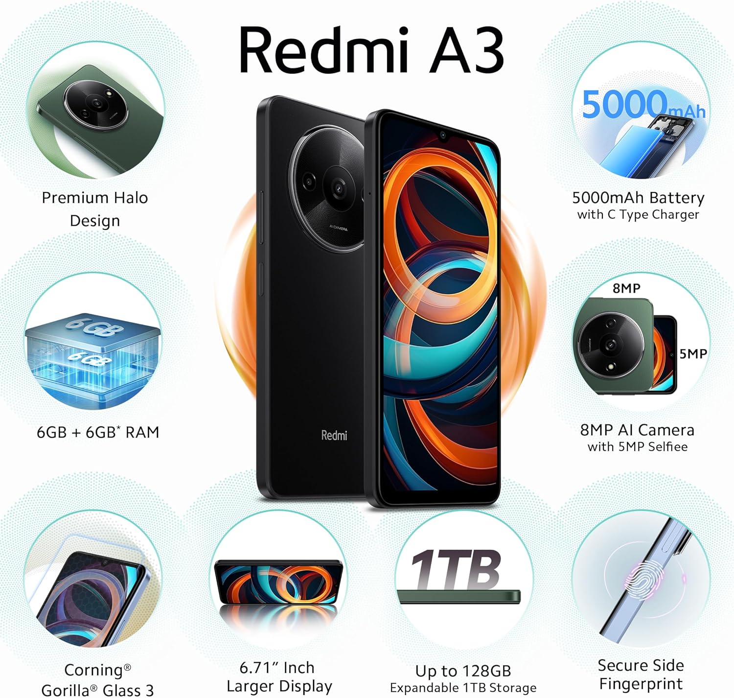 Redmi A3 (Midnight Black, 4GB RAM, 128GB Storage) | Premium Halo Design | 90Hz Display | Powerful MediaTek G36 4G Processor