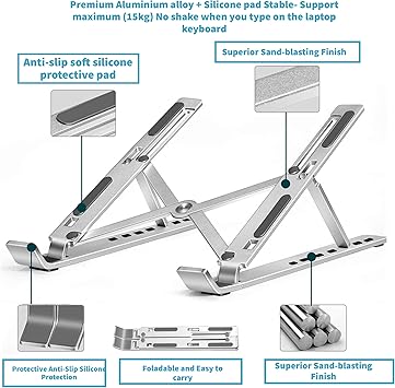 Adjustable Laptop Stand, Portable Aluminium Laptop Riser Laptop Holder for Desk, Foldable Ventilated Cooling Computer Support Stand for Apple MacBook Pro/Air, HP, Sony, Dell, More 10-15.6”