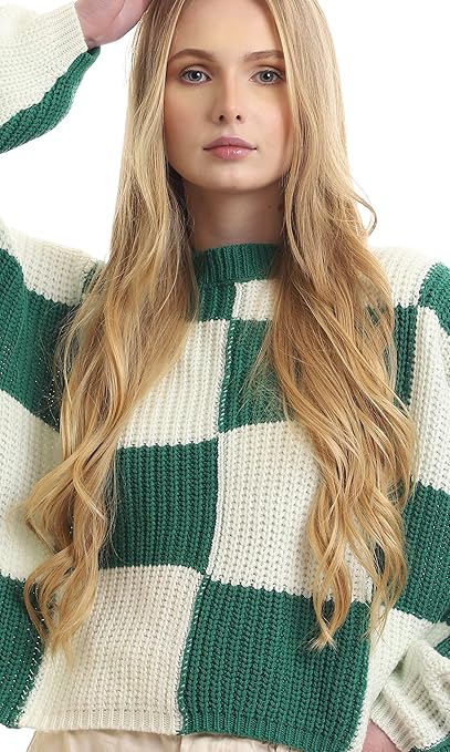 Ravin Women's Mock Neck Knitted Bi-Tone Pullover - Off White & Green (Style 96990)