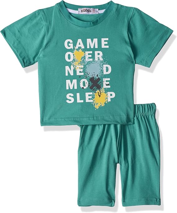 Giggles Letter-Print Round-Neck T-Shirt with Solid Shorts Pajama Set For Boys