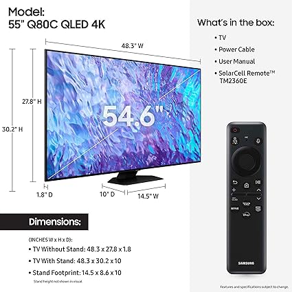 تلفزيون سامسونج 55 بوصة QLED 4K الذكي - سلسلة Q80C (موديل 2023)الطراز: QN55Q80C