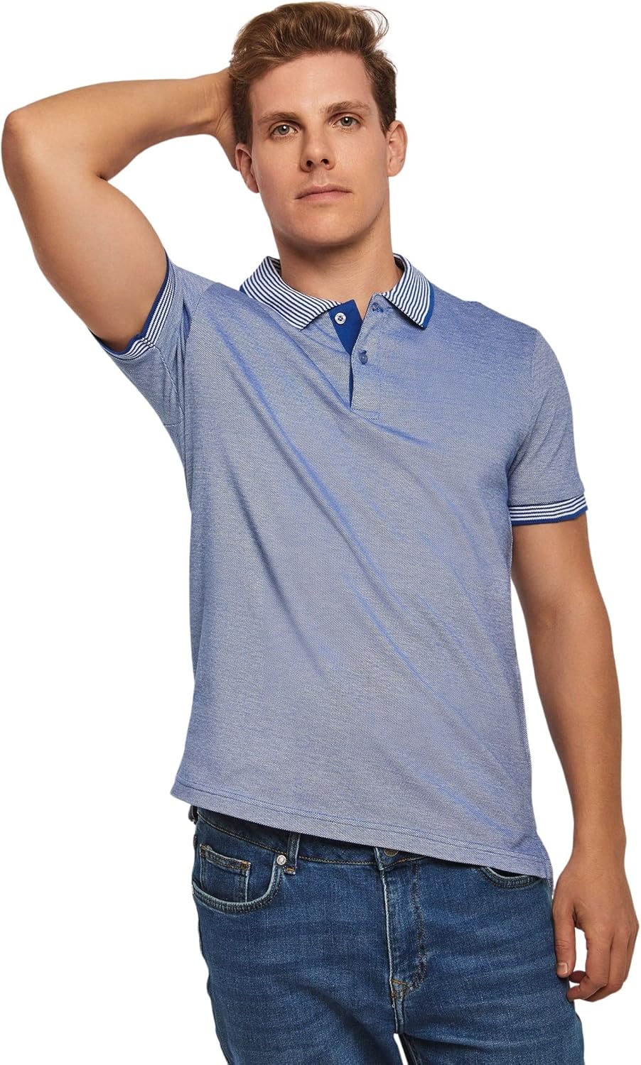 DALYDRESS Men's Casual Short Sleeve Cotton Polo Shirt with Striped Collar - Regular Fit - Model 220-470-302-13