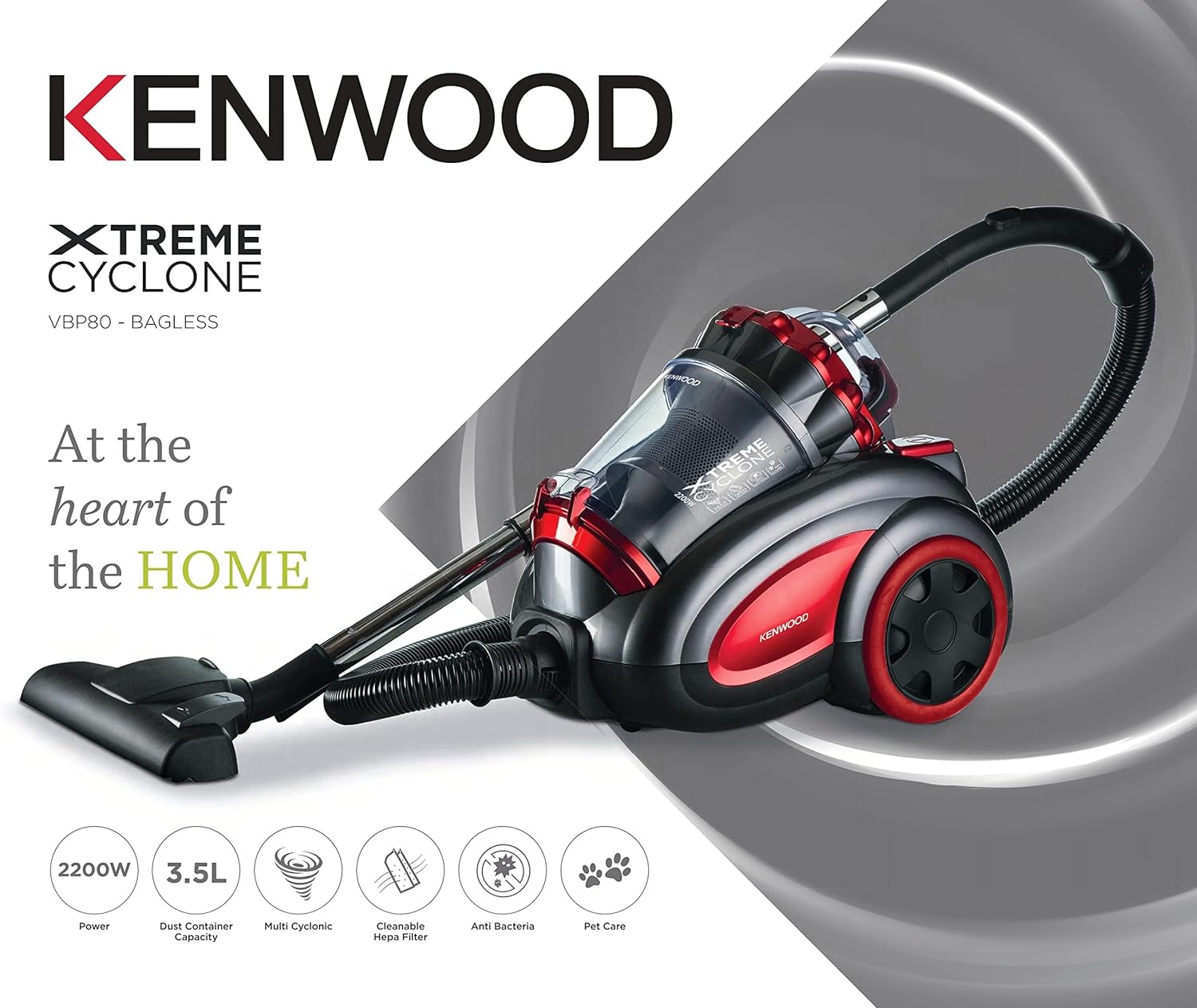 Kenwood Extreme Cyclon Vacuum Cleaner 3.5L 2200W Red Grey - VBP80