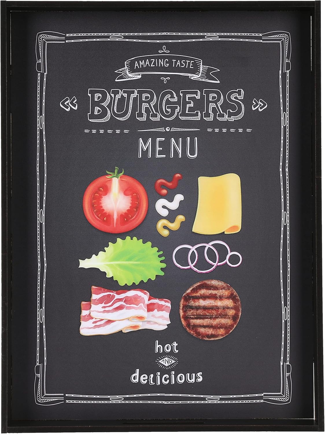 Wooden Rectangular Tray with Hamburger Design and Handle for Serving - 40x30 CM - Multi Color