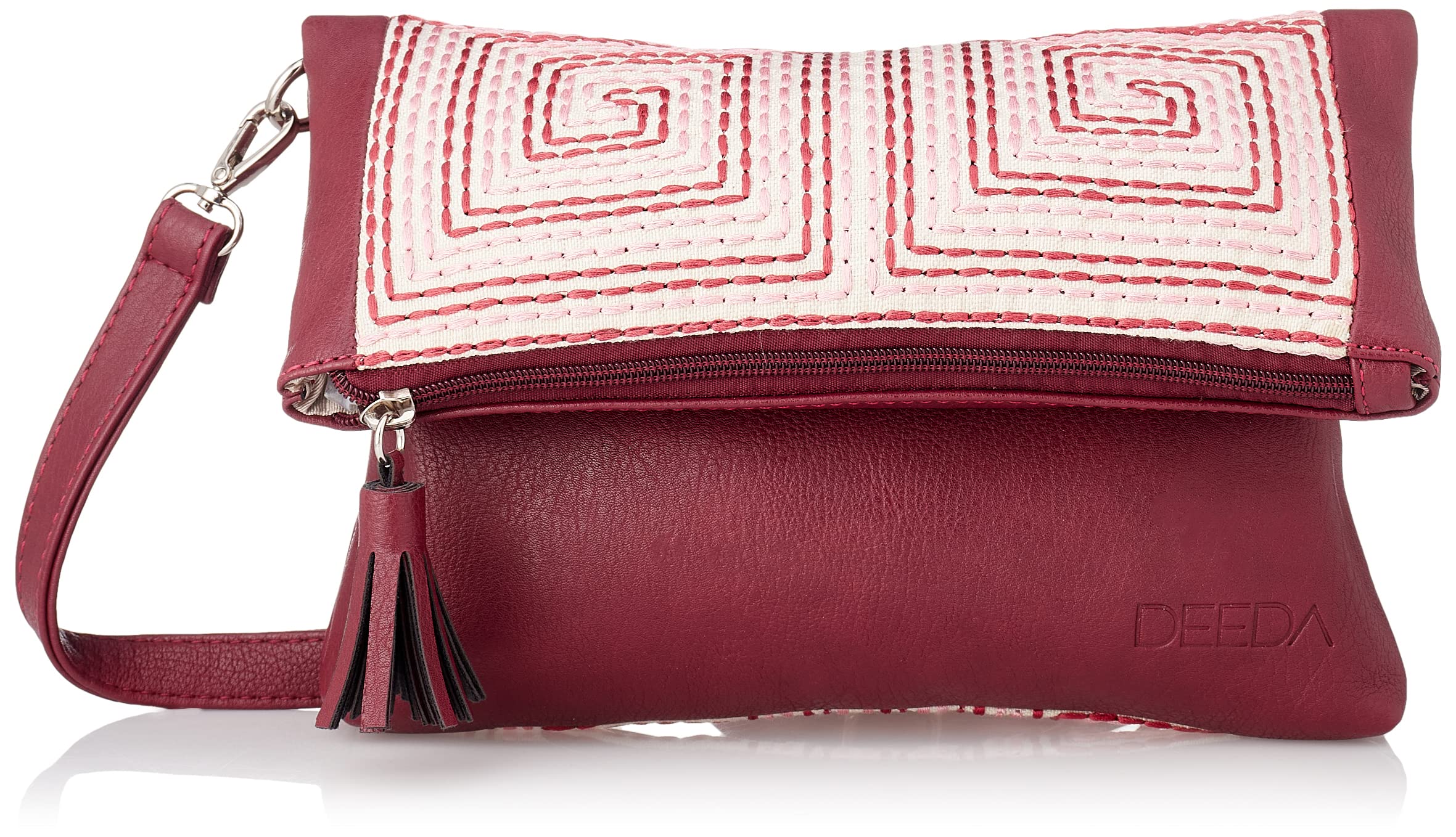 Deeda Embroidered Tassel Zipper Flap Crossbody Bag with Adjustable Strap for Women - Dark Red