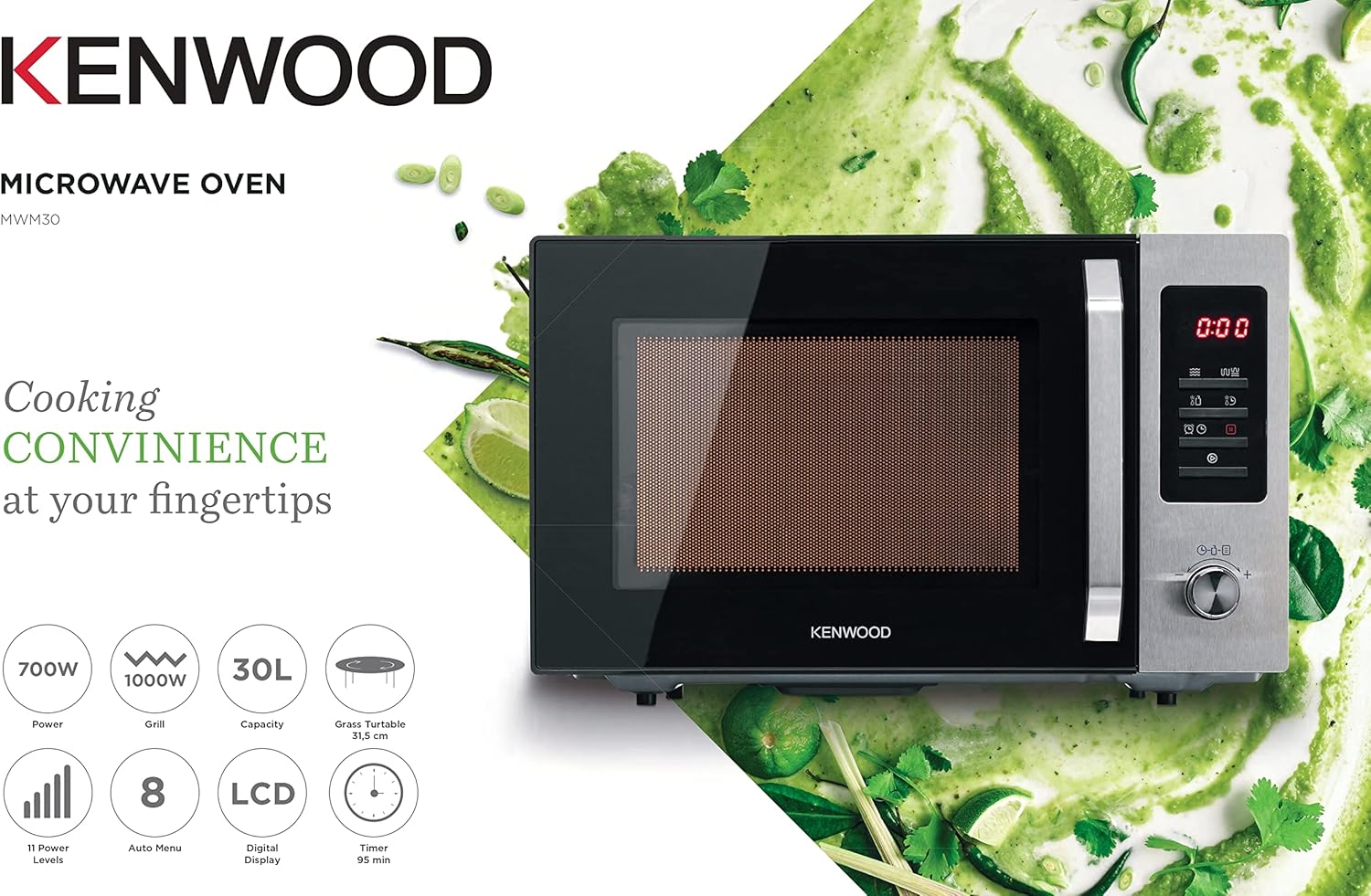 فرن ميكروويف Kenwood مع شواية، سعة 30 لتر، شاشة رقمية، 5 مستويات طاقة، وظيفة إذابة التجميد، قائمة تلقائية، مؤقت لمدة 95 دقيقة، مزود بساعة، بقوة 1000 واط، موديل MWM30.000BK، باللونين الأسود والفضي.