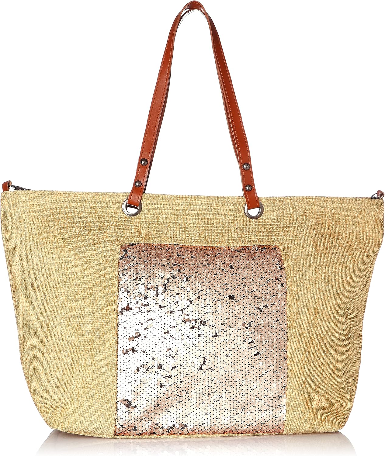 Fabric Handbag with Sequin Design and Leather Handle for Women - Rose Gold